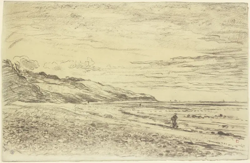 Stenig havskust, kulle framme till vänster av Charles François Daubigny