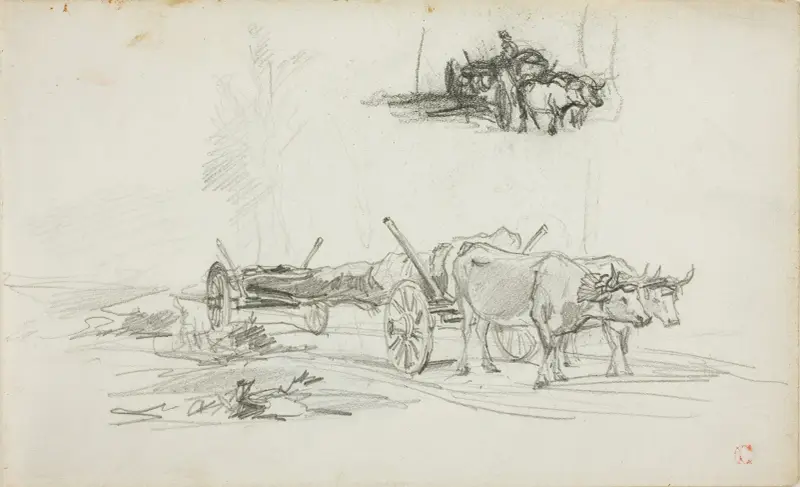 Två skisser av oxar som drar en stock av Charles François Daubigny