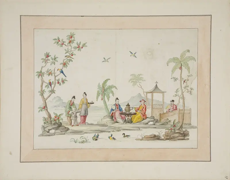 Still life with pavilion and tea ceremony av Pierre Francois Ledoulx