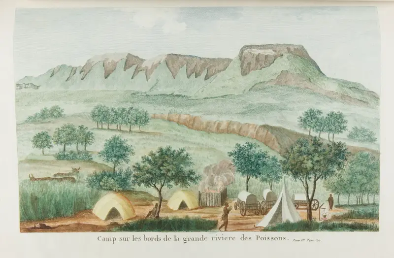 Camp sur les bords de la grande riviere des Poissons av François Levaillant