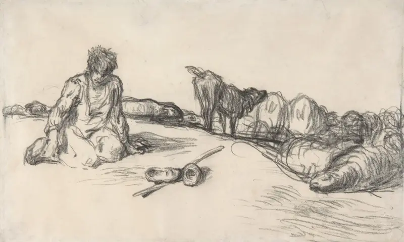 A Seated Shepherd with His Dog and Sheep av Jean-François Millet