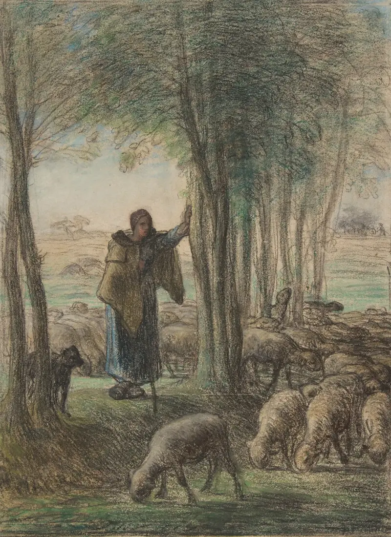 A Shepherdess and Her Flock in the Shade of Trees av Jean-François Millet