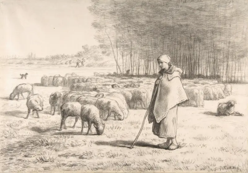 Eine Hirtin mit ihrer Herde von Jean-François Millet