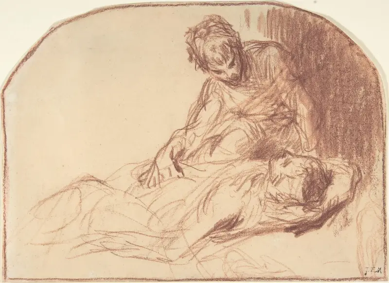 A Young Man Seated, Bent over a Reclining Figure av Jean-François Millet