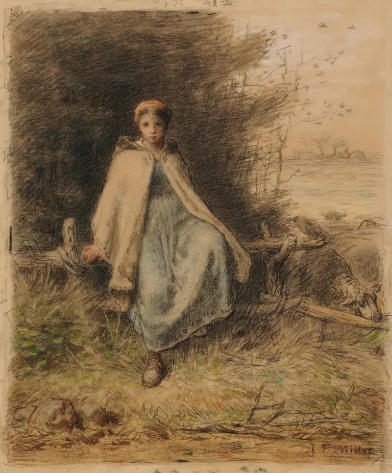 Ung herdinna sittande på en gärdesgård av Jean-François Millet