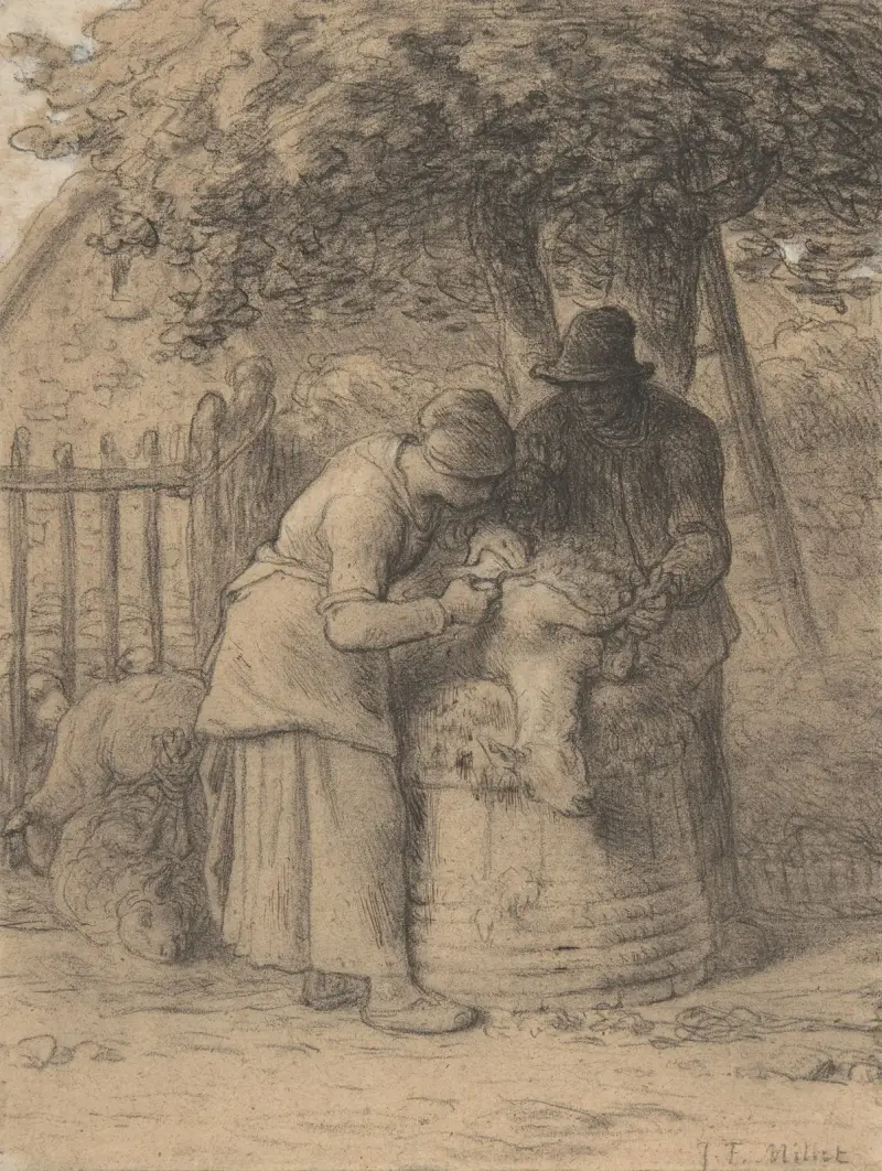 Stříhání ovcí pod stromem, Jean-François Millet