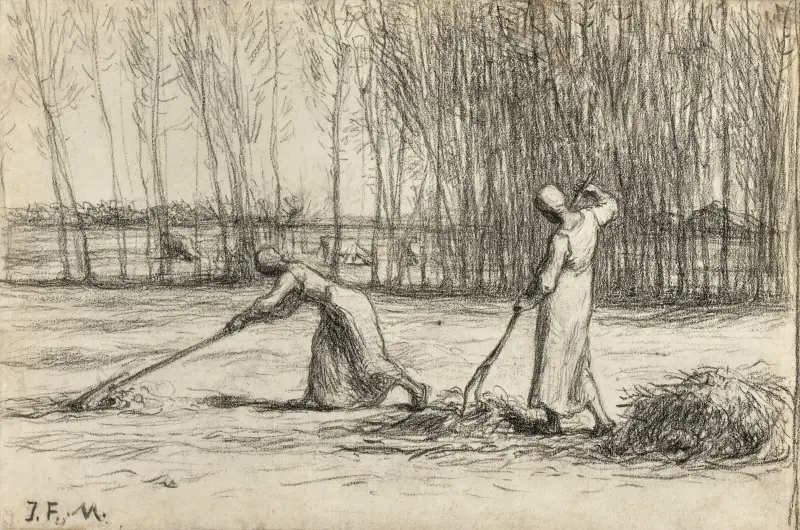 Two women working hay av Jean-François Millet