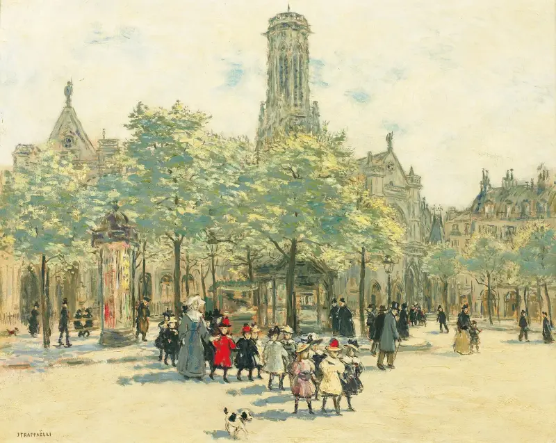 Små flickor promenerar på Louvrens torg av Jean François Raffaëlli