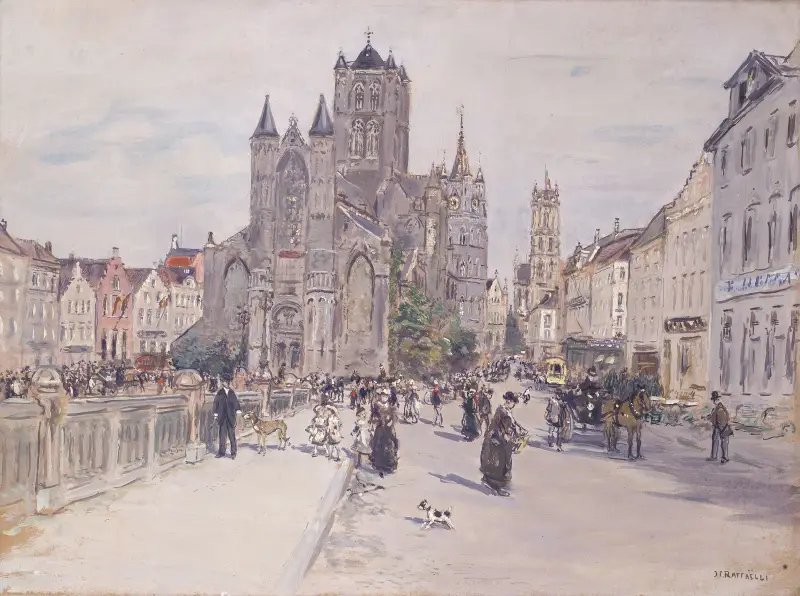 View of Saint Nicholas’ Church in Ghent av Jean François Raffaëlli