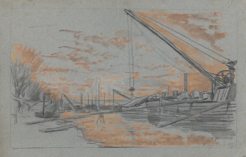 Bercy – Paříž (nábřeží Seiny s kotvícími nákladními čluny při nakládání, západ slunce), Jean-François Taelemans