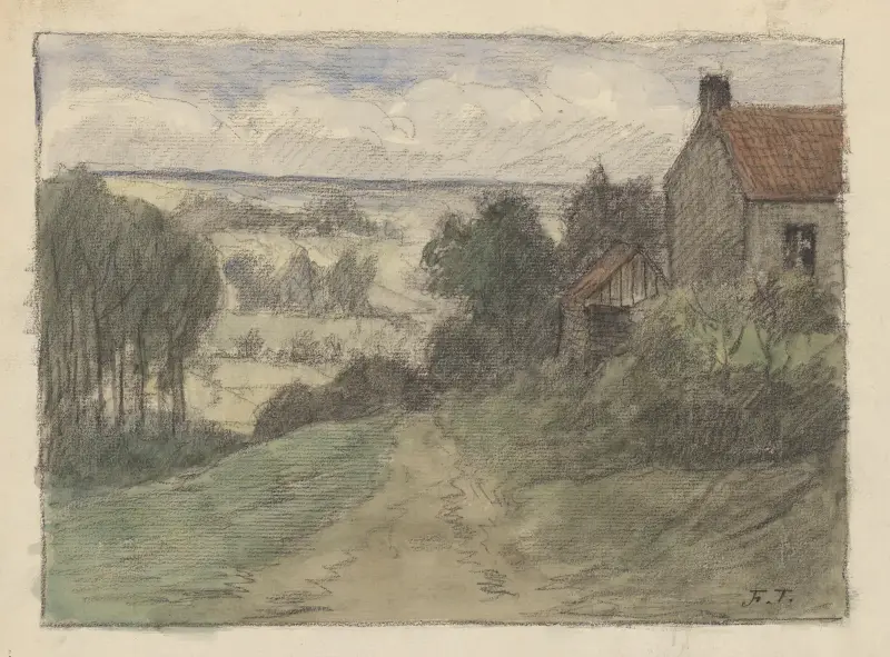 Väg och hus, trädbuketter, i ett böljande landskap av Jean-François Taelemans