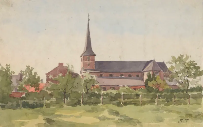 Kyrka på landsbygden sedd från sin högra sida bakom en inhägnad häck, äng i förgrunden av Jean-François Taelemans