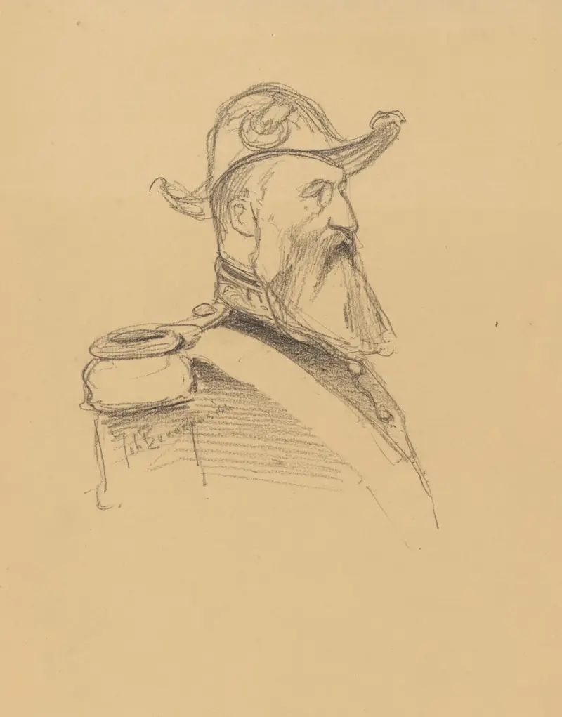Porträtt av Leopold II, belgarnas kung, 3/4 från vänster, med bicorne och monokel av Jean-François Taelemans