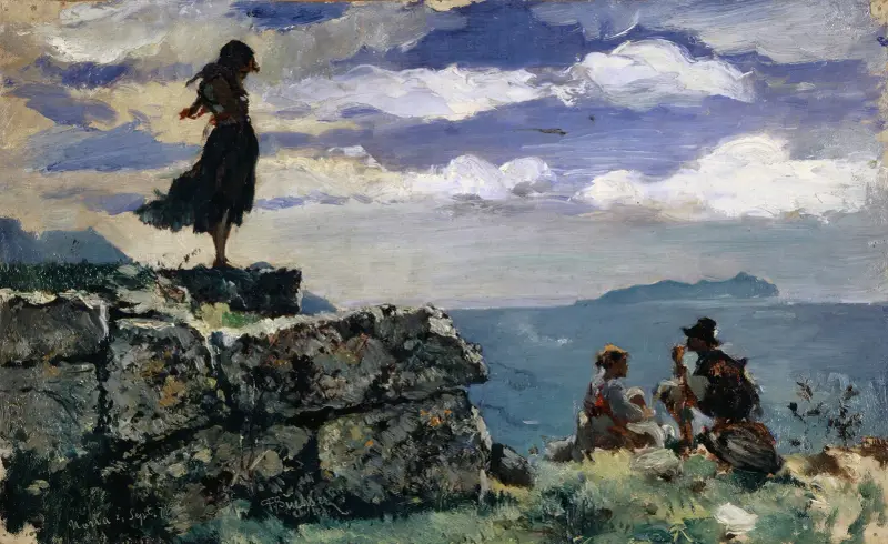 Girl on Ashlars of the Antique City Walls of Norba av Frank Buchser