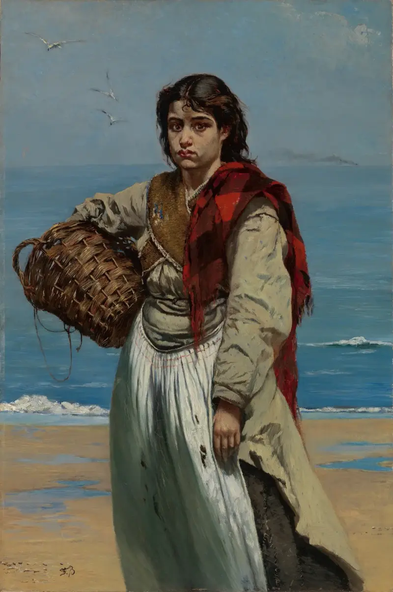 Junges Mädchen mit Korb am Meeresstrand (Die Trauer Irlands) av Frank Buchser