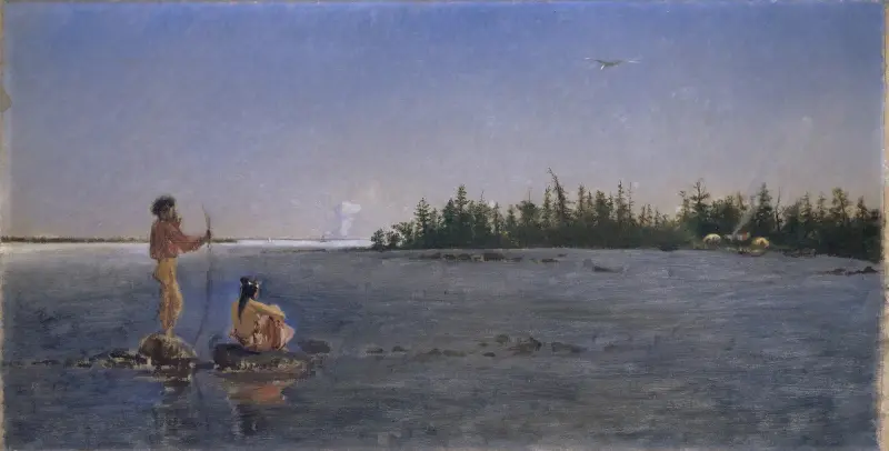 River Landscape, American Indians Fishing av Frank Buchser