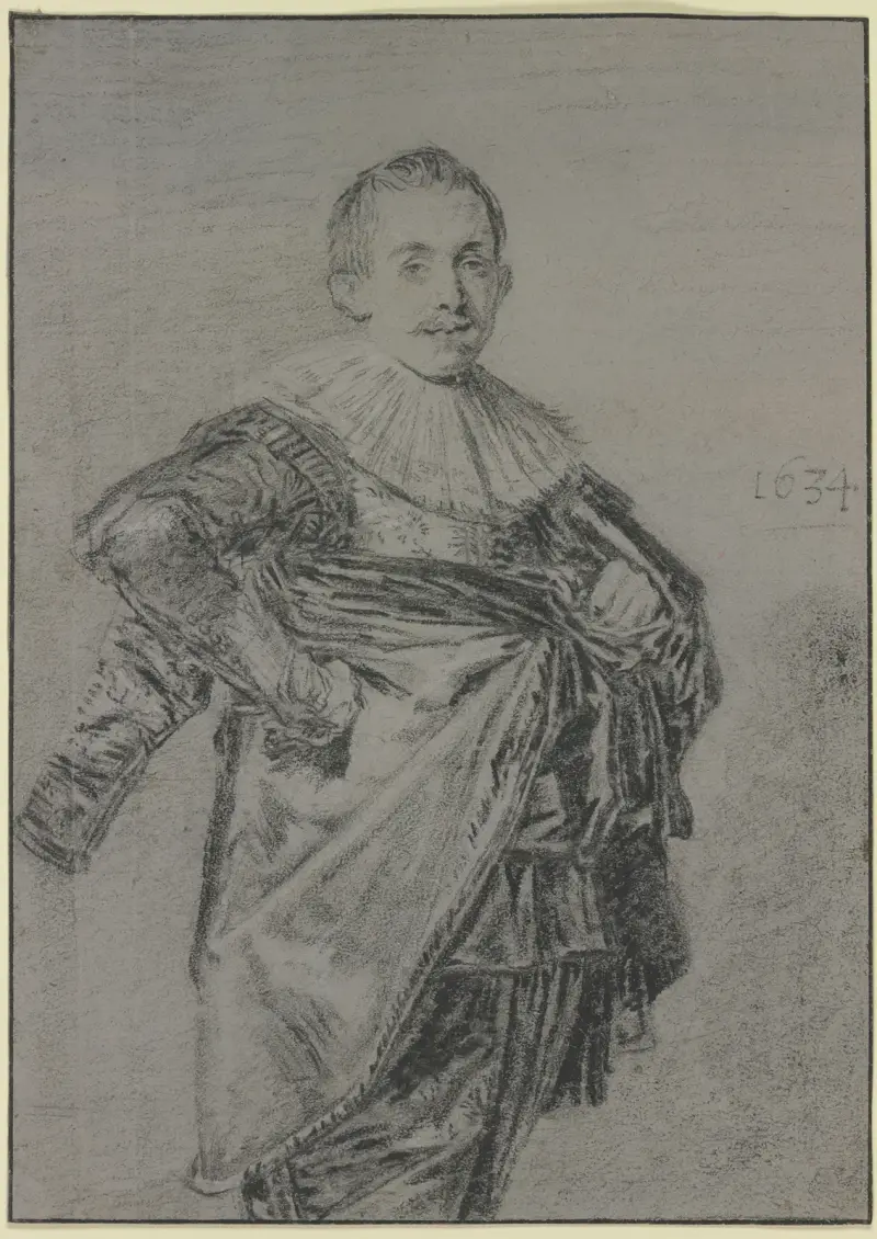 Junger stehender Mann mit Mantel und glatter Halskrause, Kniestück av Frans Hals