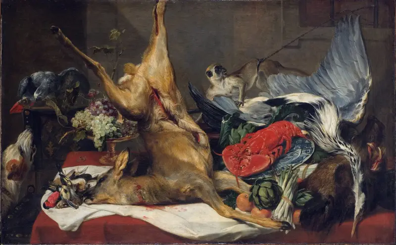Still Life with Dead Game, a Monkey, a Parrot, and a Dog av Frans Snyders