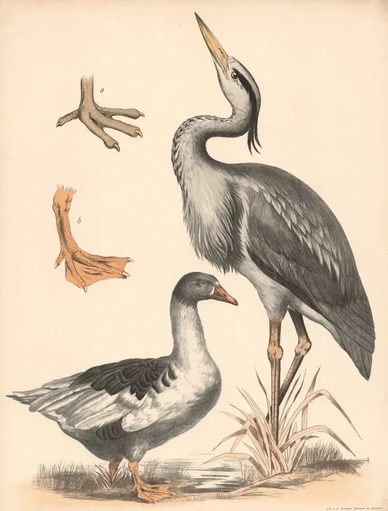 Fischreiher (Ardea cinerea) Gans (Anser) a) Watfuss und b) Schwimmfuss vergrssert av Franz Engleder