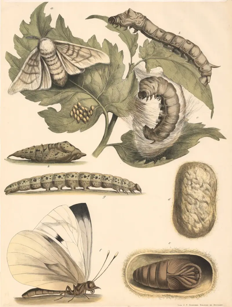 Seidenspinner (Bombyx mori) Stark vergrössert. a. Schmetterling, b. Raupe, c. Raube mit gespinnst. d. Eingesponnene Puppe (Cocon) av Franz Engleder