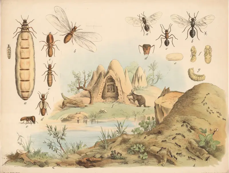 . Termite (Termes bellicosus). a. Königin. b. Männchen. c. Arbeiter. d. Nymphe. e. Soldat. f. Termitenbau. g. Erdferkel. . Rote Waldameise (Formica rufa) av Franz Engleder