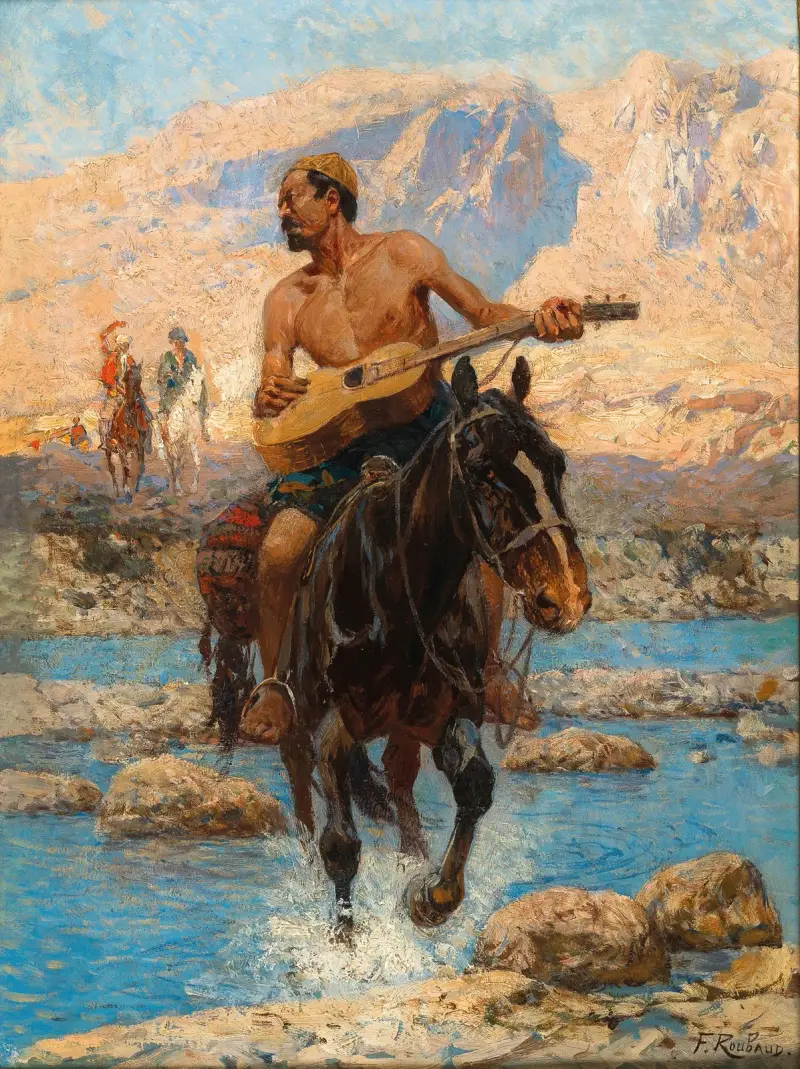 A Rider with Guitar Crossing a Ford av Franz Roubaud