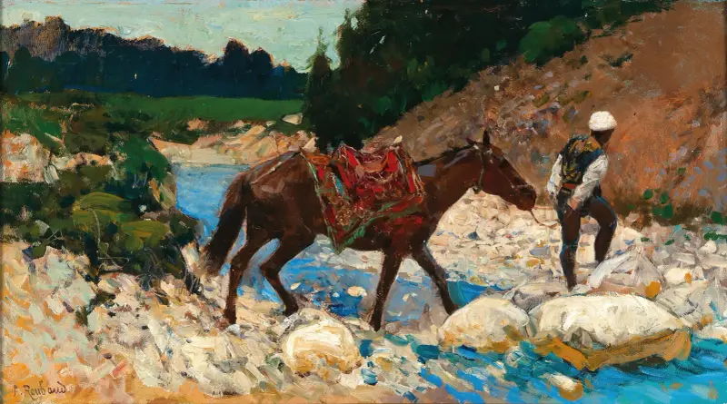 Ein Reiter überquert eine Furt von Franz Roubaud