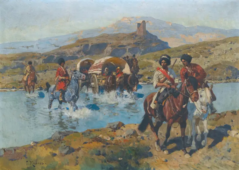 Kozáci přecházející brod, Franz Roubaud