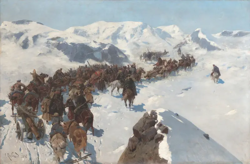 Argutinskijs övergång över Kaukasus snötäckta berg 1853 av Franz Roubaud