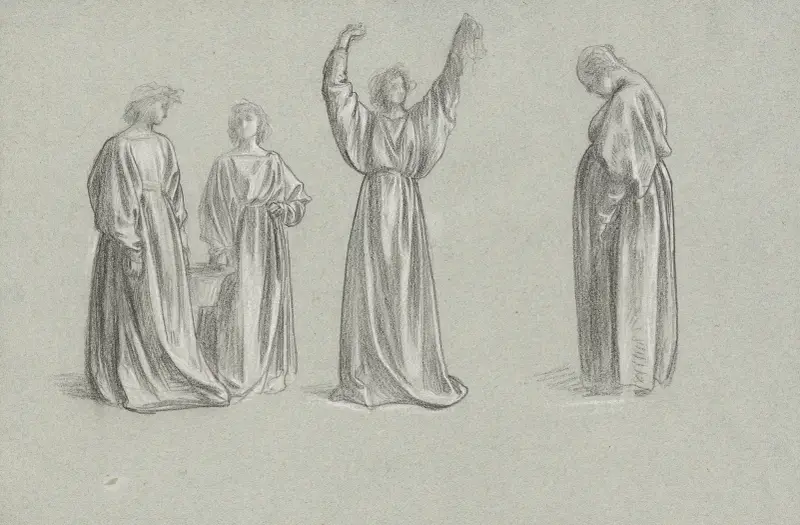 A sheet of studies for ‘Romola’; Monna Brigida’s conversion av Frederic Leighton