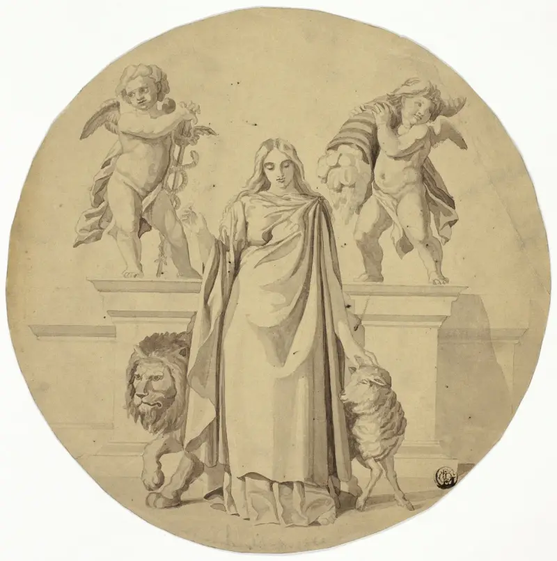 Allegorical Female Figure with Lion, Lamb, Two Putti av Frederic Leighton