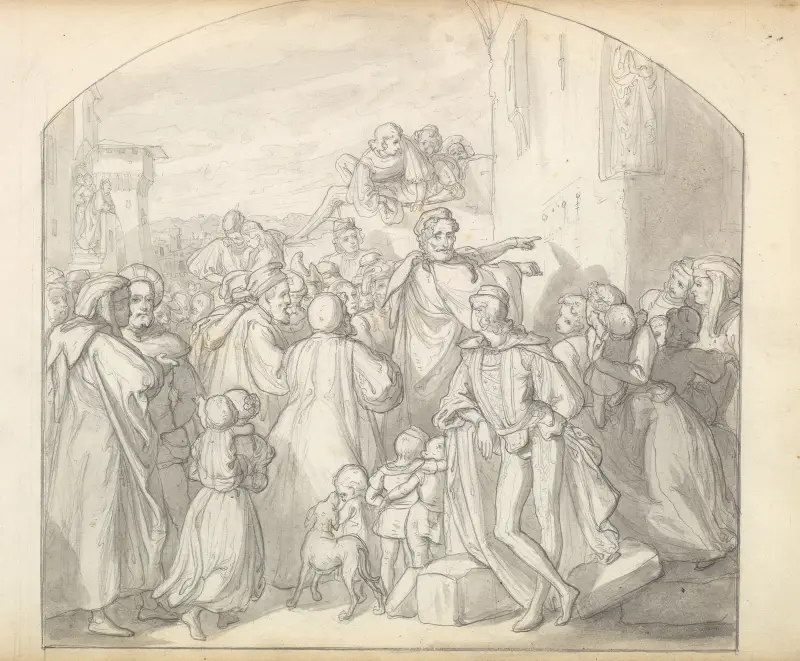 An Artist Drawing on Wall of a Church Watched by a Crowd av Frederic Leighton