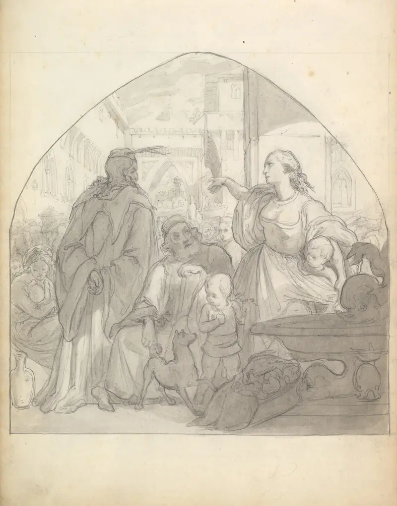 Scen i en italiensk stad med figurer nära en fontän av Frederic Leighton