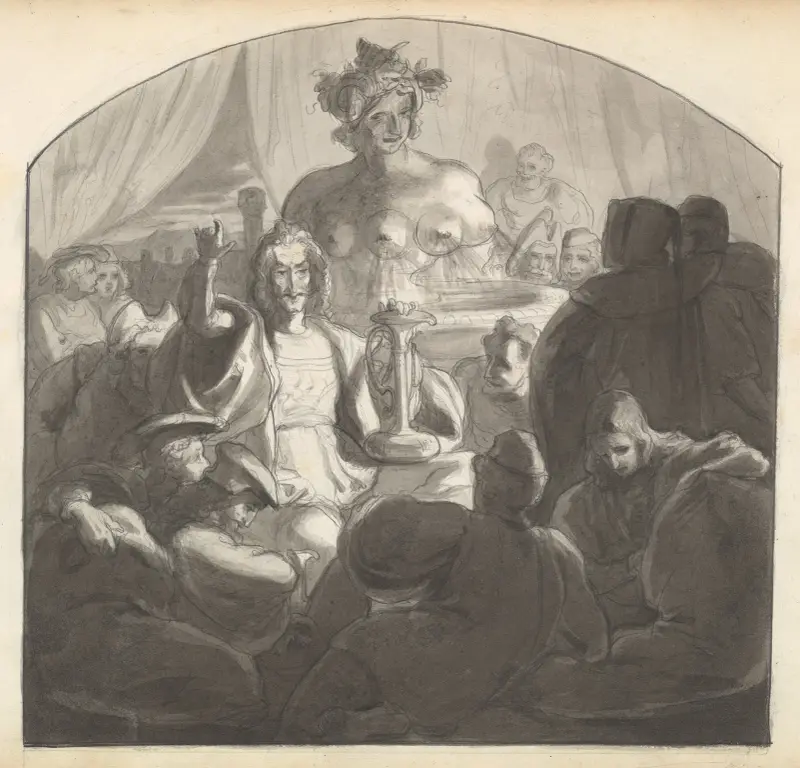 Speaker Addressing Male Figures Gathered at Night Around a Fountain av Frederic Leighton