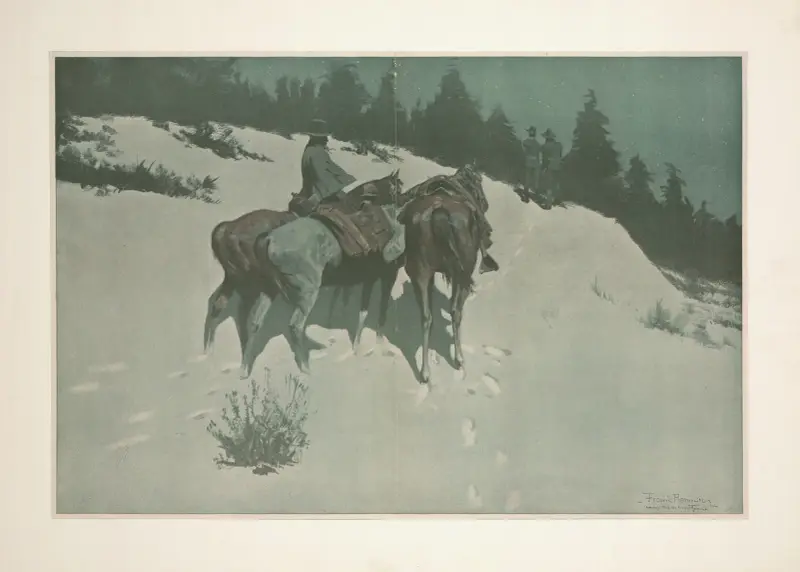 En spaning: en kavalleriofficer med sin vite spejare som i månsken skådar fientligt indianområde av Frederic Remington