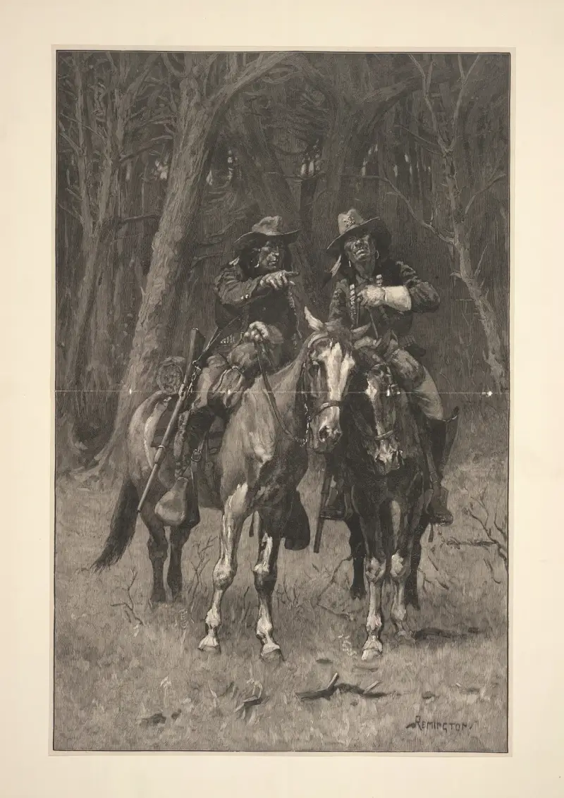 Cheyenne Scouts Patrolling the Big Timber of the North Canadian, Oklahoma av Frederic Remington