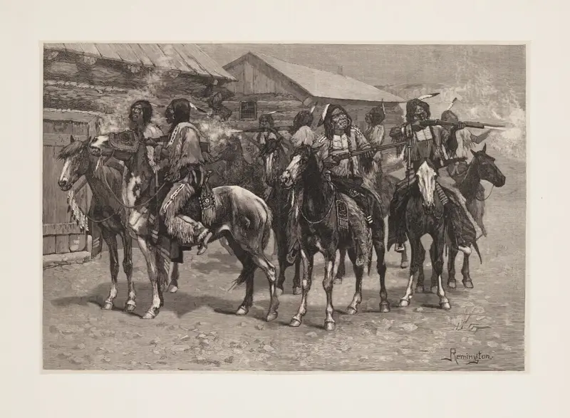 Crow-indianer skjuter mot agenturen av Frederic Remington