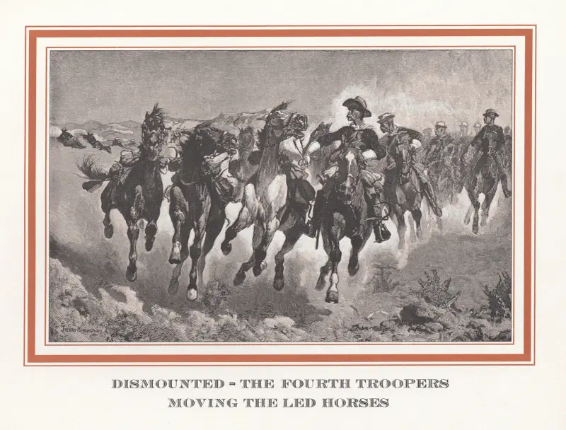 Avsuttna – fjärde truppens män leder hästarna av Frederic Remington