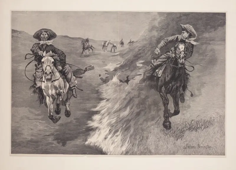 Dragging a Bull’s Hide over a Prairie Fire in Northern Texas av Frederic Remington