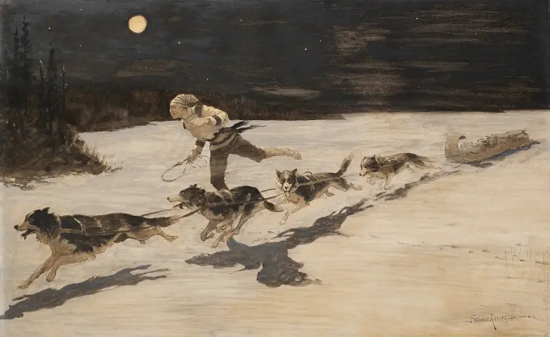 ‘Huskie’ Dogs on the Frozen Highway (Talking Musquash) av Frederic Remington