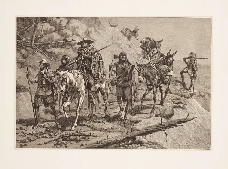 Pima Indians convoying a silver train in Mexico av Frederic Remington