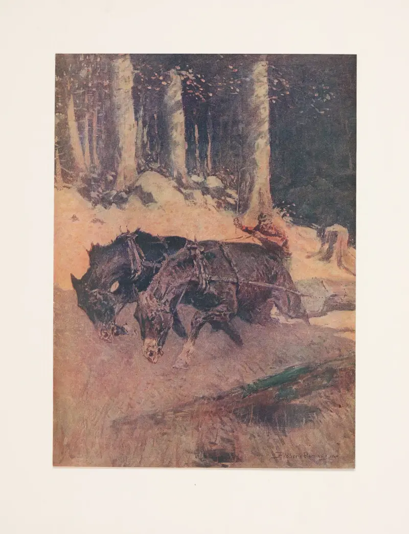 Snaking logs to the skidway av Frederic Remington
