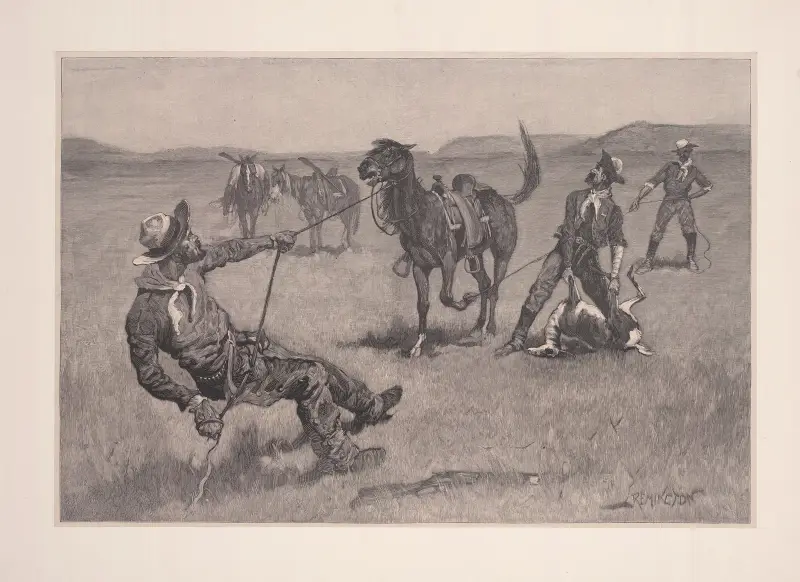 Att lära en mustangponny att bära packad fångst av Frederic Remington