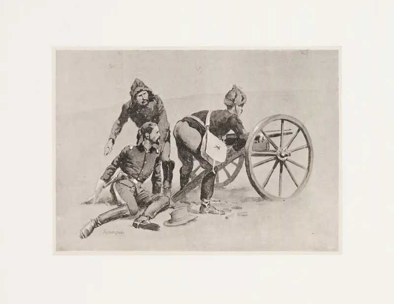 The wounding of Lieutenant Hawthorne–the Hotchkiss-gun playing on the cave av Frederic Remington