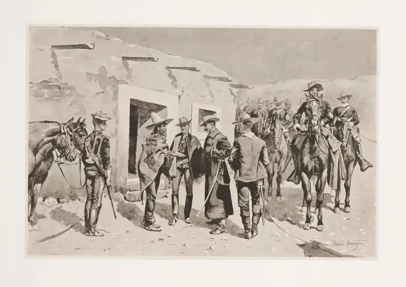Amerikansk kavalleri jagar Garza vid Rio Grande av Frederic Remington
