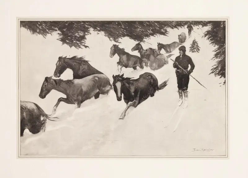 Working snow-bound ponies out of the mountains av Frederic Remington