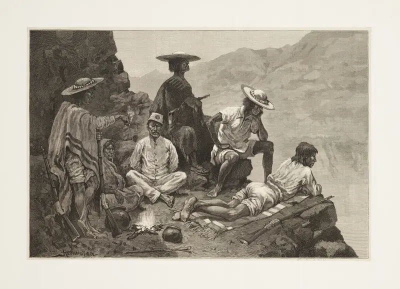 Yaqui Indian refugees with captive Mexican soldier av Frederic Remington