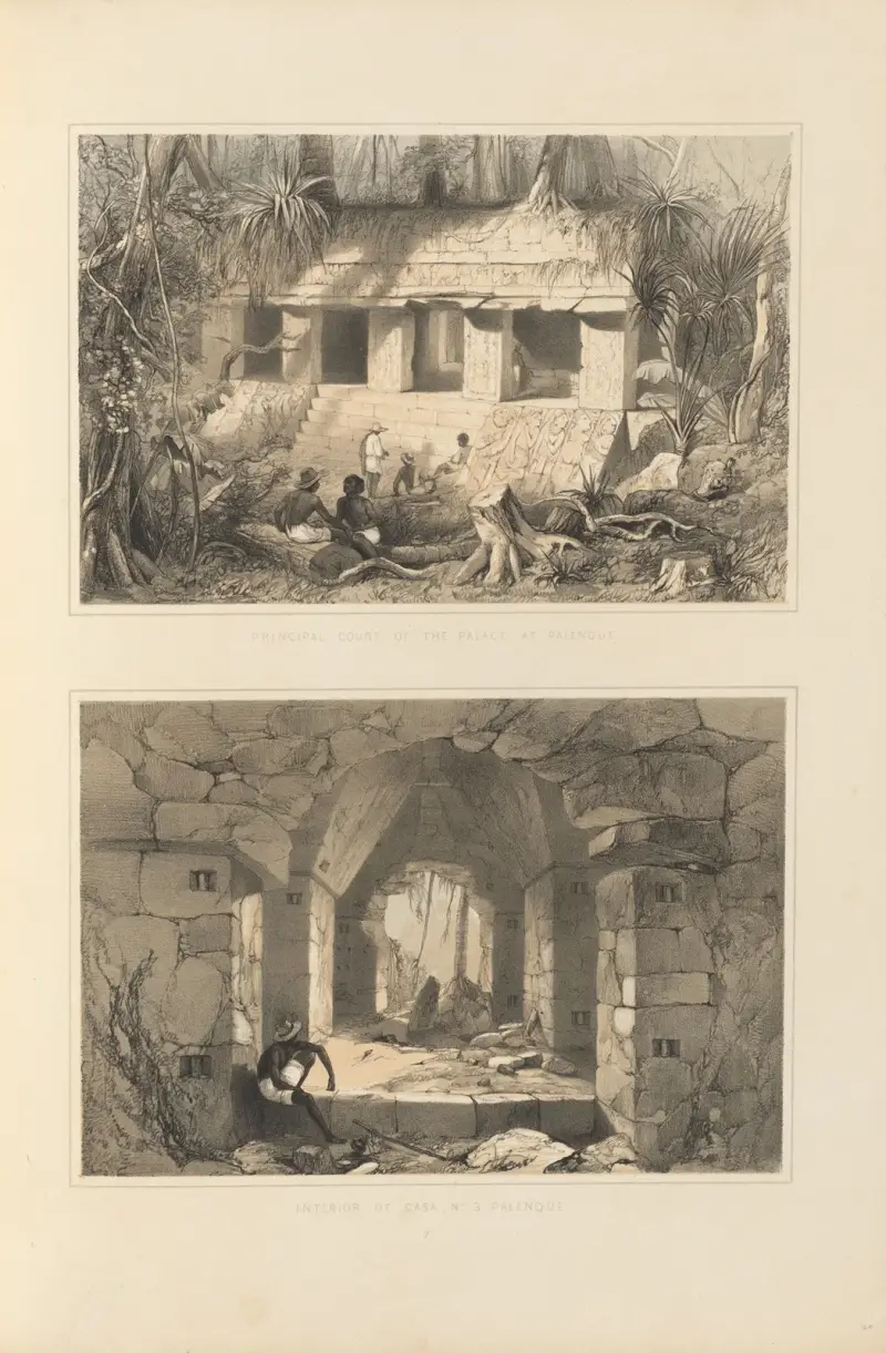 1. Principal court of the palace at Palenque. 2. Interior of Casa No. 3 Palenque av Frederick Catherwood