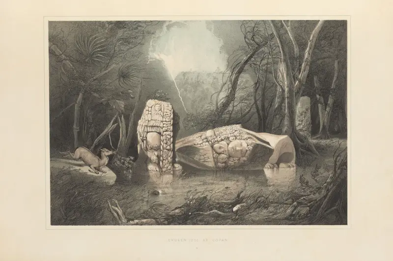 Broken idol at Copan av Frederick Catherwood