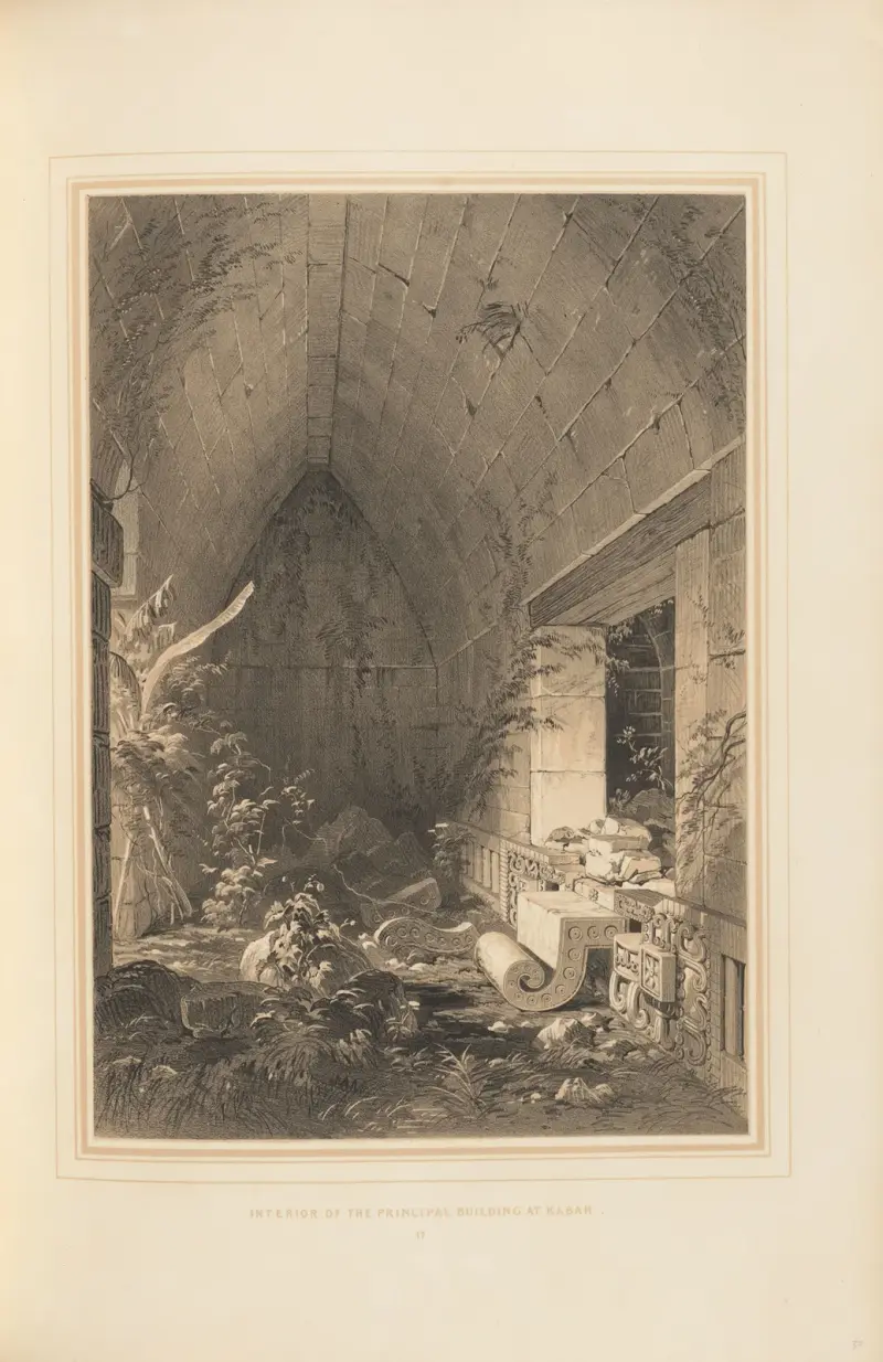 Interior of the principal building at Kabah av Frederick Catherwood